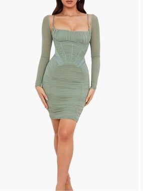 House of CB Sage Green Long Sleeve Ruched Bodycon Dress